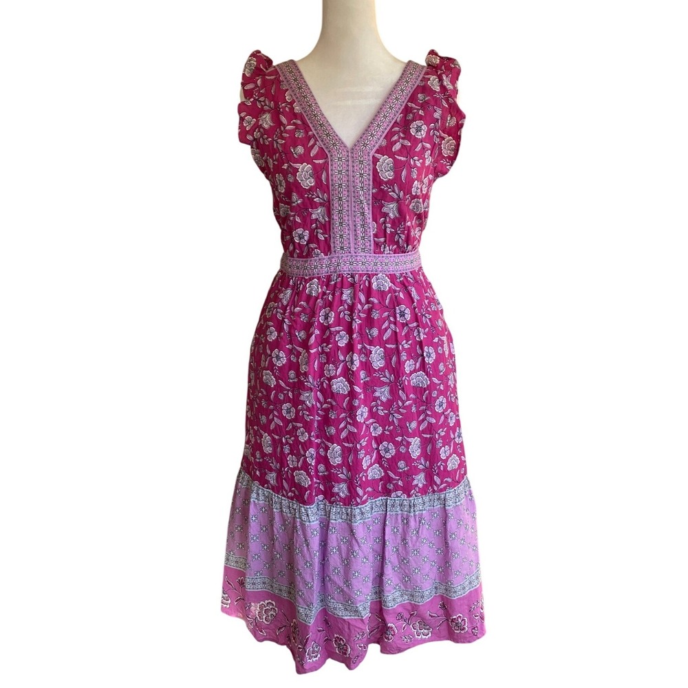 LOFT Block Print Floral Purple Ruffle Midi Dress‎ 0 Boho Femme Festival Hippie
